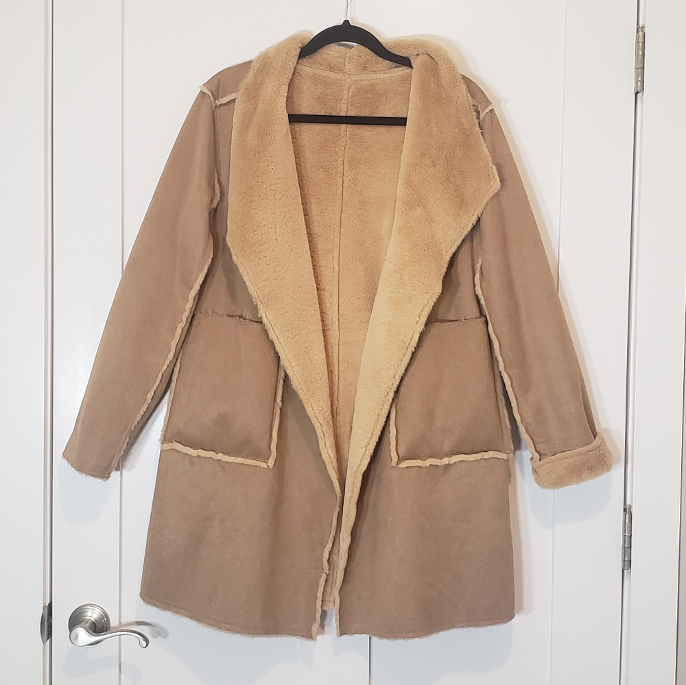 Altar'd State Open Front Faux Suede Jacket Pockets Inside & Out Tan Size Small